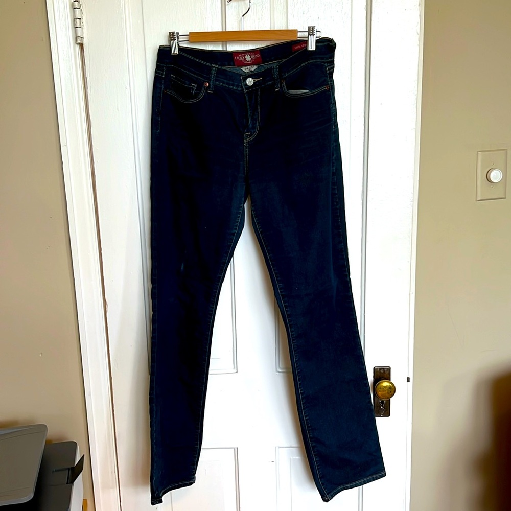 Lucky brand jeans, Sophia straight leg, size 14 / 32 long, dark blue wash